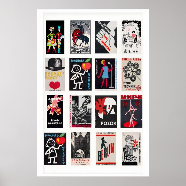 Svart och röd tändsticksask etikett collage, vinta poster (Framsidan)