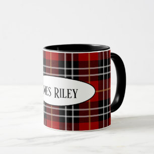 Svart och röd tartan pläterad med namn mugg