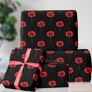 Svart och Röd vallmo Flower Mönster, Pappra Presentpapper