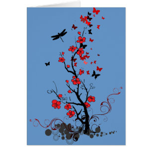 Svart och röda blommor hälsningskort