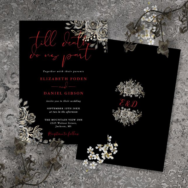 Svart och Röda gotiska Ro Blommigt Bröllop Inbjudningar (Black And Red Gothic Roses Floral Wedding Invitation)