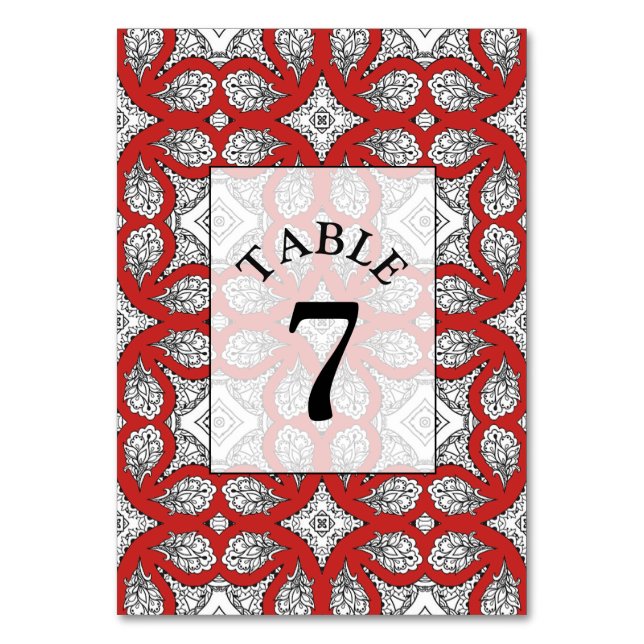 Svart och Röda Mandala Bröllop Bordsnummer Card (Framsidan)