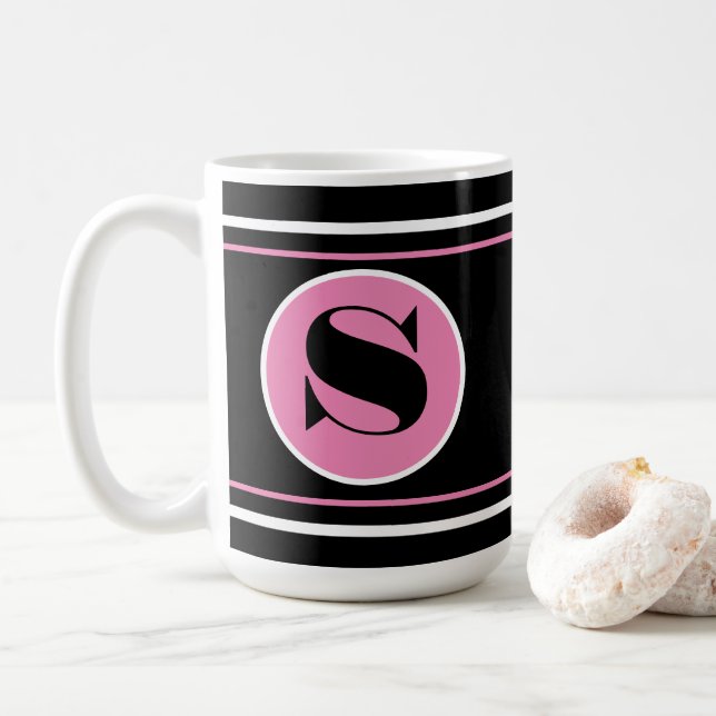 Svart och Rosa Anpassa modernt Monogram Kaffemugg (Med munk)