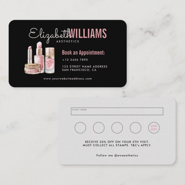 Svart och Rosa Beauty Aesthetics Loyalty & Loyalty Visitkort (Fram/baksida)