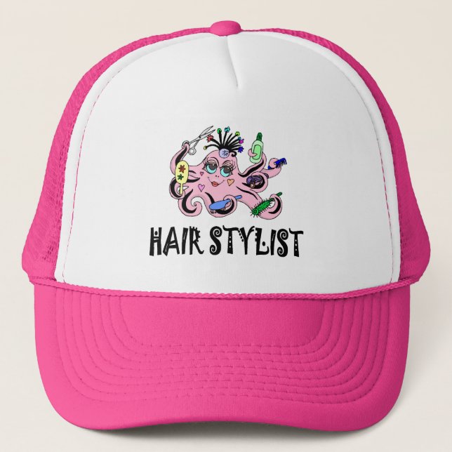 Svart och rosa bläckfisk för hårstylist truckerkeps (Framsida)