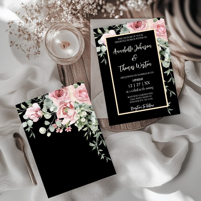 Svart och Rosa Blommigt Boho bröllopsinbjudan Inbjudningar (Elegant Black, Pink Floral watercolor boho style with gold accents wedding invitation.)