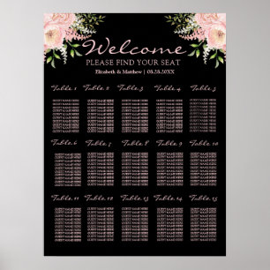 Svart och Rosa Blommigt Bröllop, sittdiagram Poster