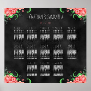 Svart och Rosa Blommigt DIY 13 Bord Sittplatsdiagr Poster