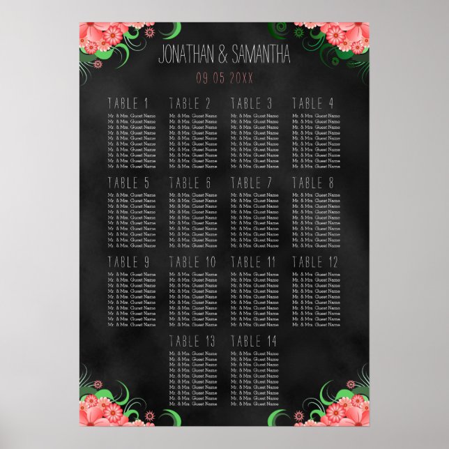 Svart och Rosa Blommigt DIY 14 Bord Sittplatsdiagr Poster (Framsidan)