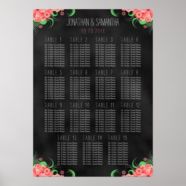 Svart och Rosa Blommigt DIY 15 Bord sittdiagram Poster (Framsidan)
