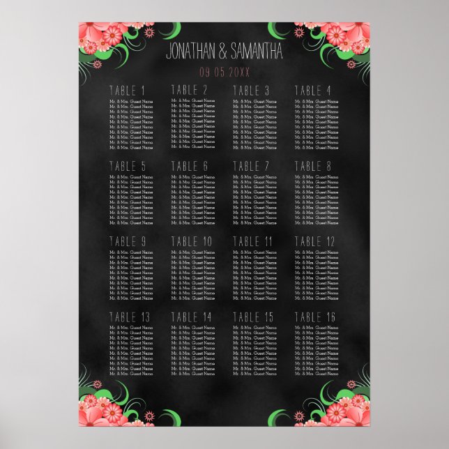 Svart och Rosa Blommigt DIY 16 Bord sittdiagram Poster (Framsidan)
