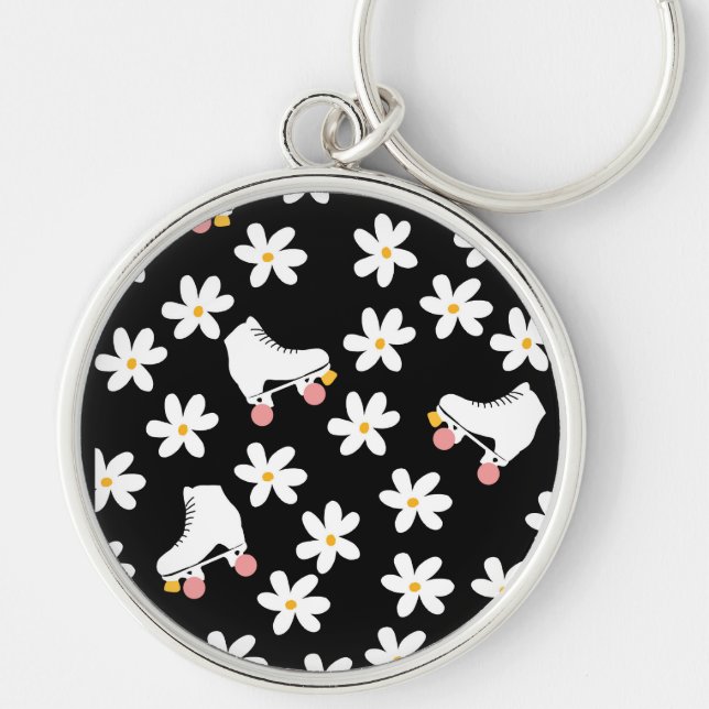 Svart och Rosa Blommigt, rullskridskor Rund Silverfärgad Nyckelring (Framsidan)