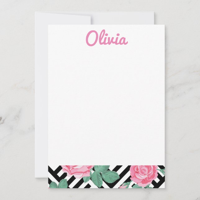 Svart och Rosa Blommigt Stationär Tack Kort (Framsida)