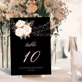 Svart och  Rosa Blommigt String Ljus Bröllop Bordsnummer