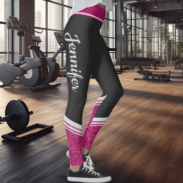 Svart och rosa blommigt vit rand & namn leggings