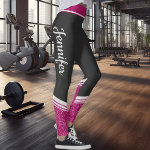 Svart och rosa blommigt vit rand & namn leggings