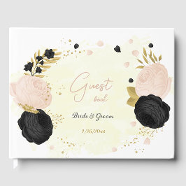 Svart och rosa blommor guld botaniska bröllop gästböcker