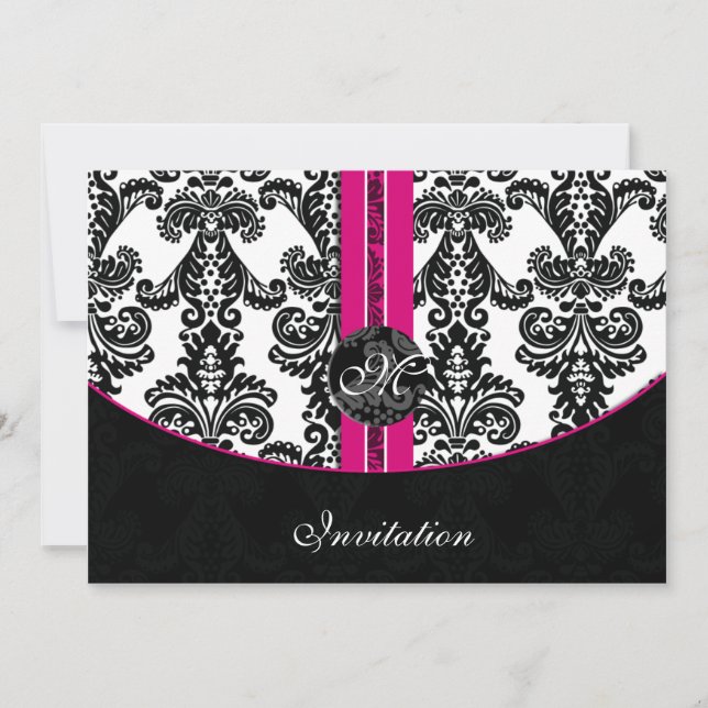 Svart och Rosa Damask Wedding Inbjudningar (Framsida)