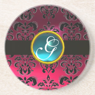 SVART OCH ROSA DAMAST Blå Akvamarin Monogram Underlägg Sandsten