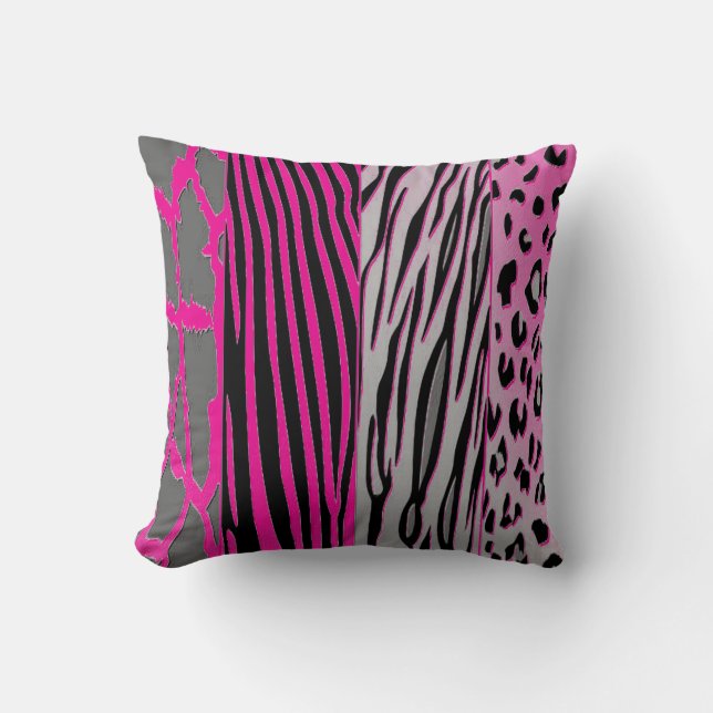 Svart och Rosa Djur, tryckt med Zebra Rand Pillow Kudde (Framsida)