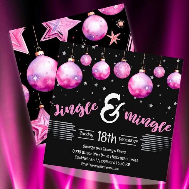 Svart och Rosa Dramatisk julprydnad Jingle Inbjudningar (Hot pink and a lot of drama for your Jingle and Mingle holiday party. Fully customizable )