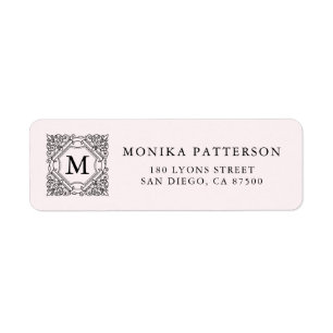 Svart och Rosa Elegant Ornamental Ram Monogram Returadress Etikett