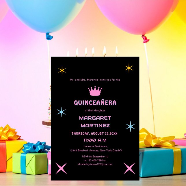Svart och rosa färgämnet typografi quinceañera inbjudningar (Skapare uppladdad)