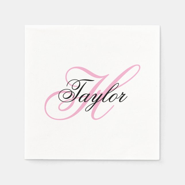 Svart och rosa fint monogram pappersservett (Framsidan)
