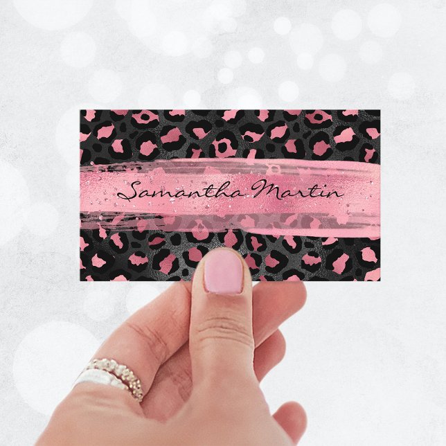 Svart och rosa folie leopardfläck penseldrag visitkort (Black and Pink Foil Leopard Spot Brush Stroke Business Card)
