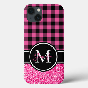 Svart och rosa glitter Buffalo-rutig monogram