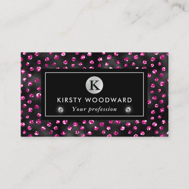 Svart och rosa glitter glamör prickmönster visitkort (Framsida)
