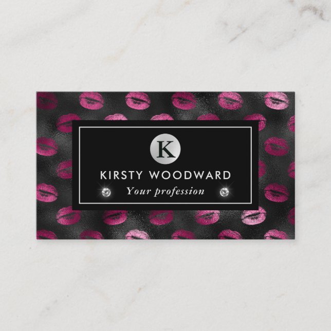 Svart och rosa glitter glamour läppstift mönster visitkort (Framsida)