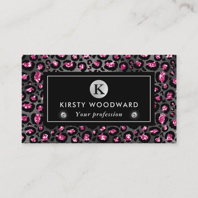 Svart och rosa glitter leopardfläckar mönster visitkort (Framsida)