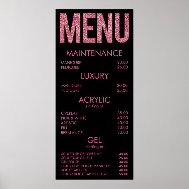 Svart och Rosa Glitter Salon Menu Wall Poster (Framsidan)