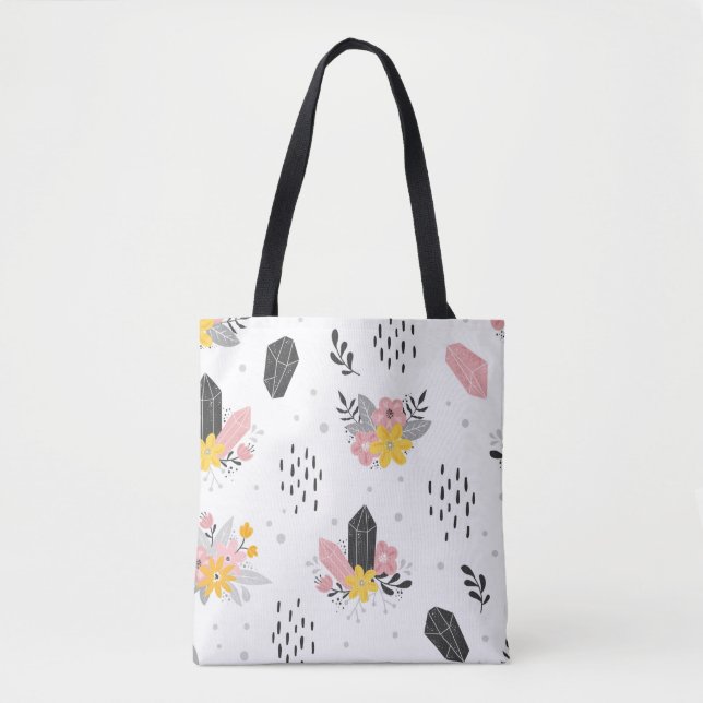 Svart och rosa kristaller med blommor och abstrakt tygkasse (Framsida)