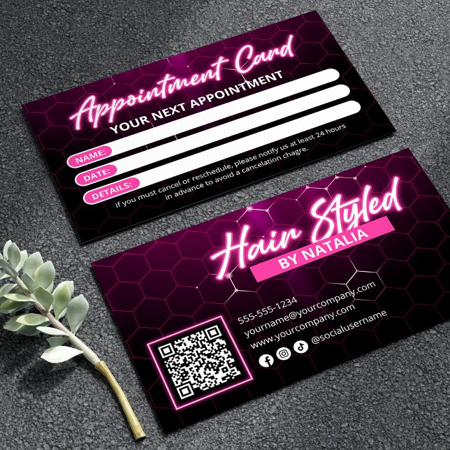 Svart och Rosa Neon Hair Salon Qr-kod Tidsbeställning Kort (Skapare uppladdad)