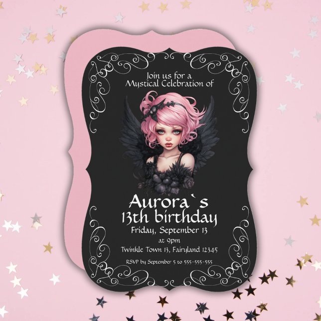 Svart och Rosa Pastel Goth Fairy 13:e födelsedagen Inbjudningar (Skapare uppladdad)