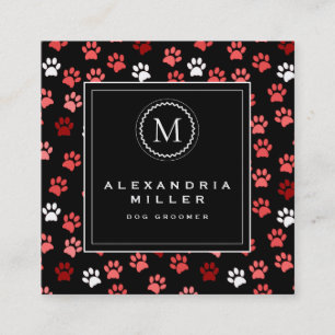 Svart och Rosa Puppy Hund Tass avtryck  Monogram Fyrkantigt Visitkort