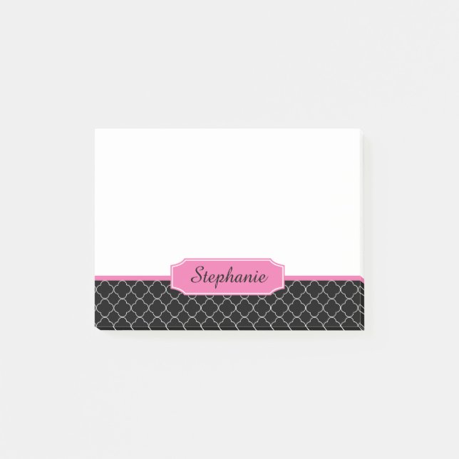 Svart och rosa Quatrefoil Monogram Post-it Block (Framsida)
