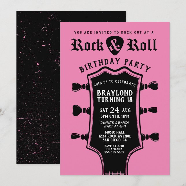 Svart och rosa Rock n Roll Gitarr  Inbjudningar (Fram/baksida)