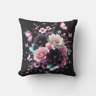 Svart och rosa ros och fjärilar kudde