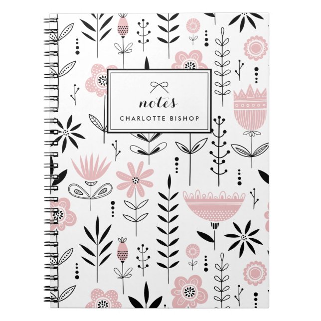 Svart och Rosa Scandinavian Blommönster Anteckningsbok (Framsidan)