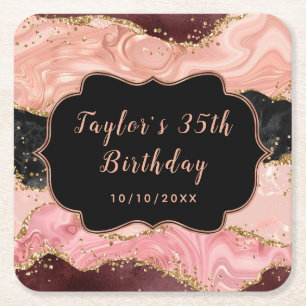 Svart och Rosa Sequins Agate Birthday Underlägg Papper Kvadrat