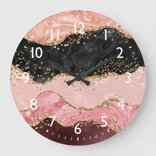 Svart och Rosa Sequins Agate Stor Klocka (Framsida)