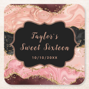 Svart och Rosa Sequins Agate Sweet sixteen Underlägg Papper Kvadrat