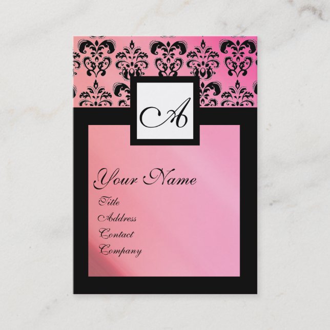 SVART OCH ROSA SILKE DAMASK SQUARE MONOGRAM VISITKORT (Framsida)