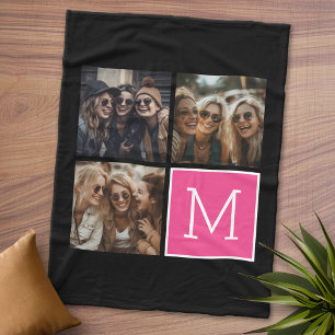 Svart och Rosa Trendig Photo Collage med Monogram Fleecefilt