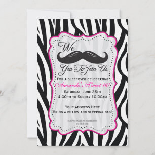 Svart och Rosa Zebra Mustache Sleepover Party Inbjudningar