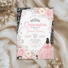 Svart och rosablush Quinceañera silverfjäril Inbjudningar