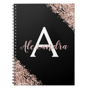 Svart och roséguld folie glitter monogram journal anteckningsbok